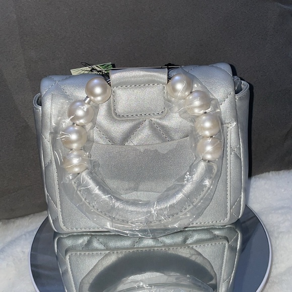 Badgley Mischka Mini Faux Pearl Embellished Top Handle Bag Silver - Picture 3 of 12
